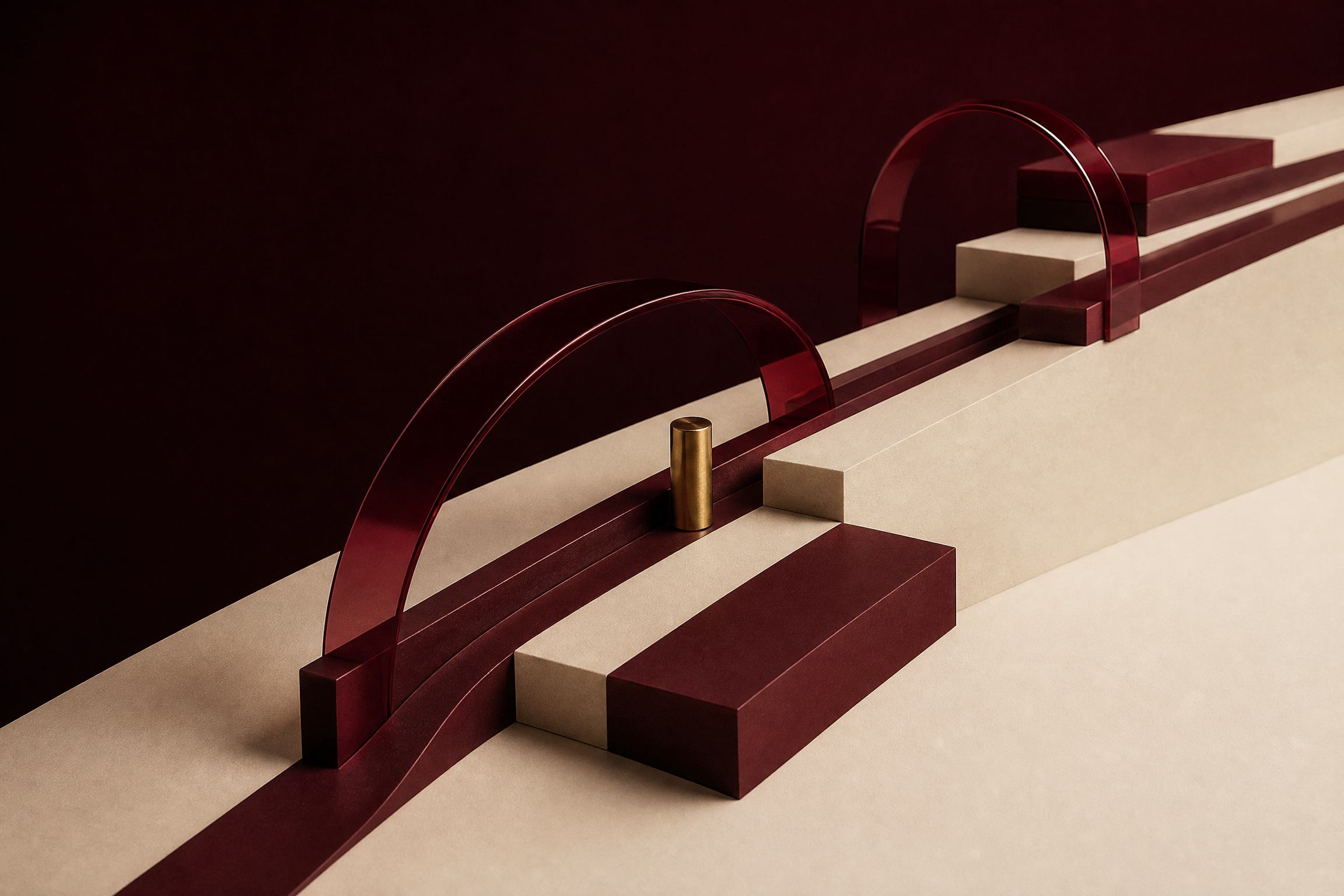 Rangkaian bentuk geometris burgundy dan ivory yang menunjukkan pergerakan proses kerja