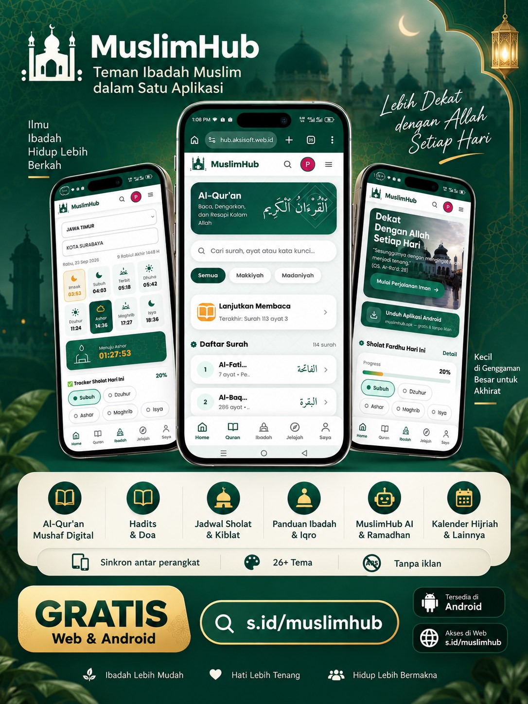 Poster MuslimHub dengan tampilan aplikasi di web dan Android