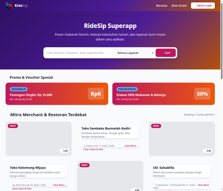 Tampilan beranda RideSip Superapp