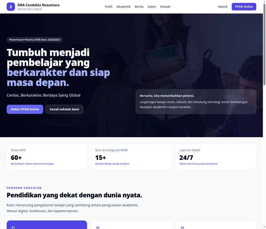 Contoh beranda website sekolah dengan informasi PPDB online